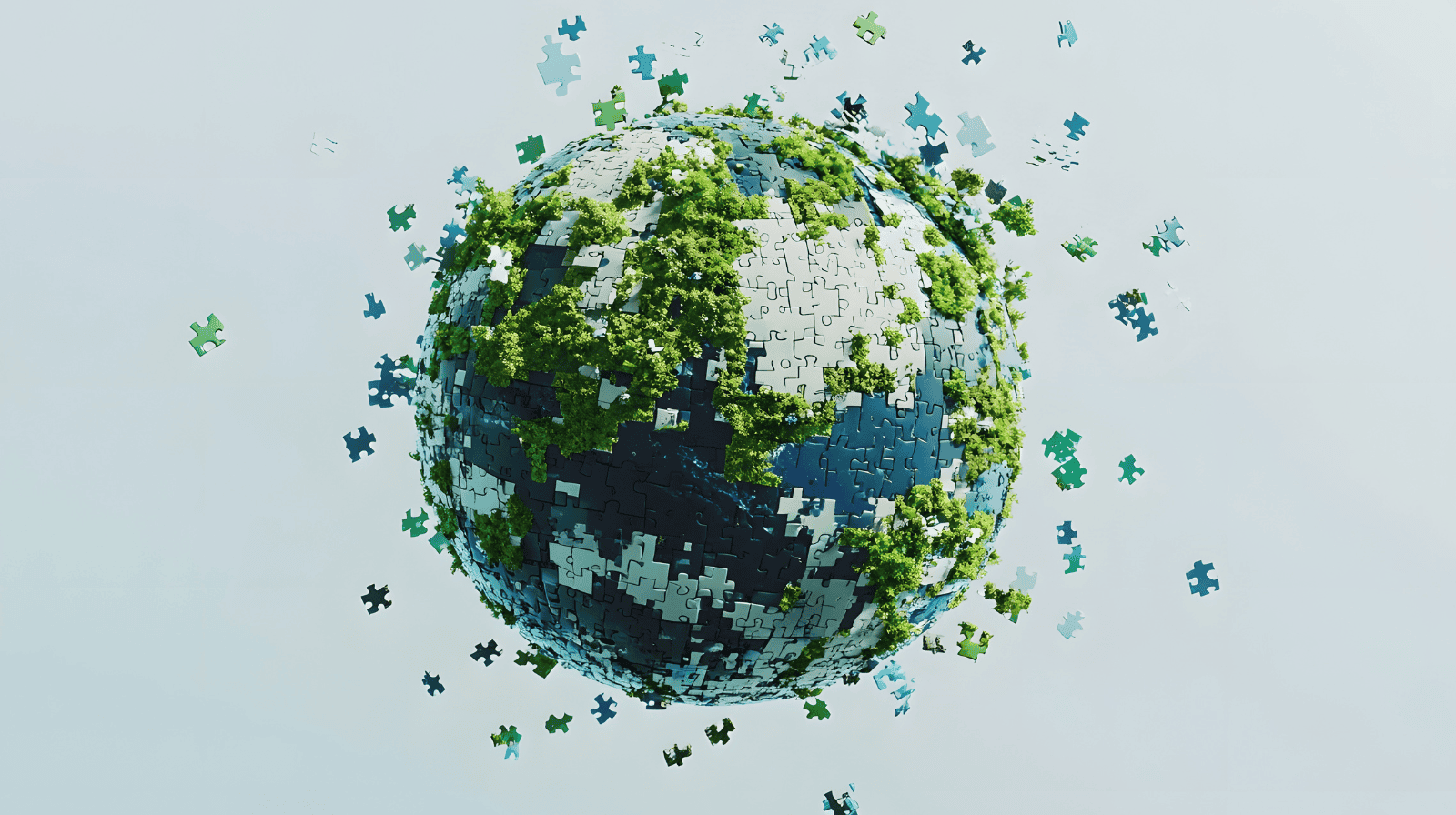 Green Earth puzzle globe with trees and jigsaw pieces, symbolizing sustainable living and eco-conscious economies.